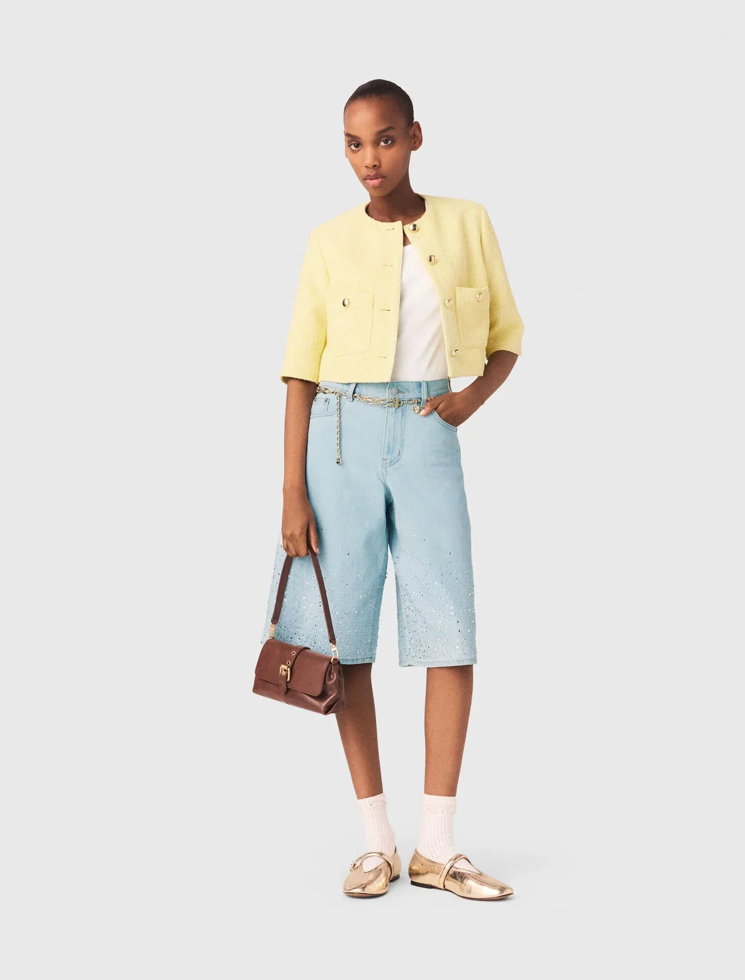 Short-Sleeved Tweed Jacket Pale Yellow - Image 5